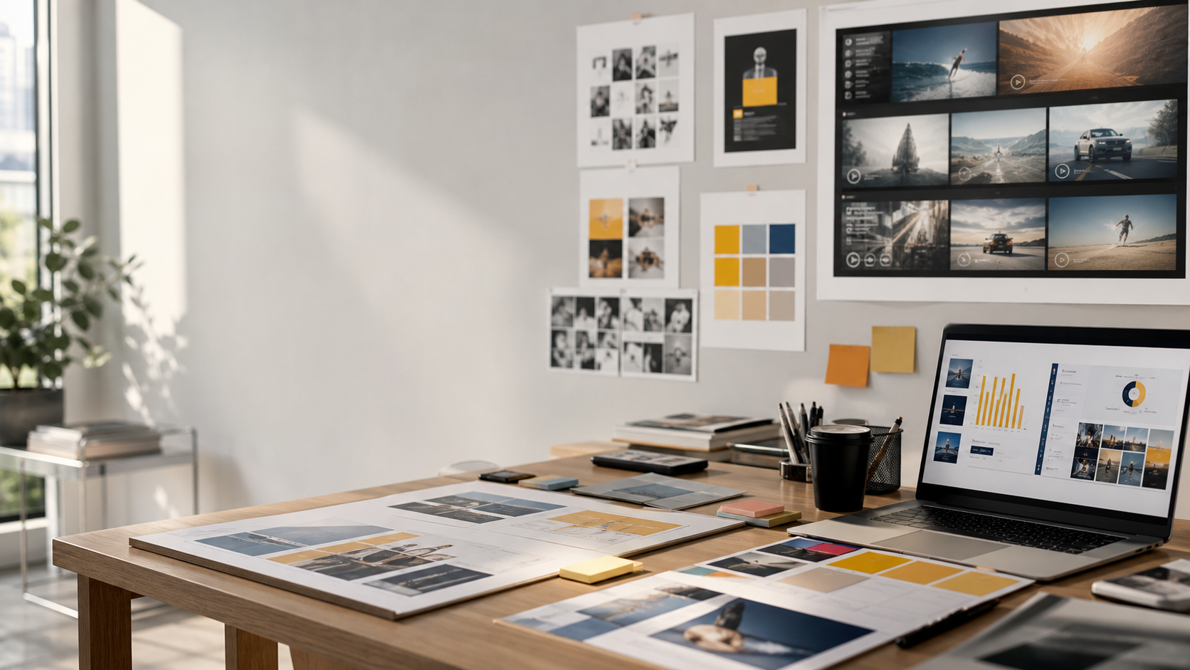 Marketing campaign materials with posters, digital ad layouts, and planning boards